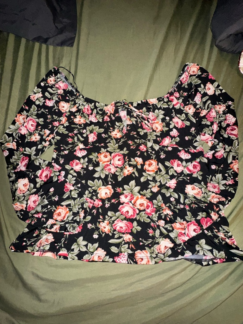 Ambiance Black Off-Shoulder Top with Pink Rose Print